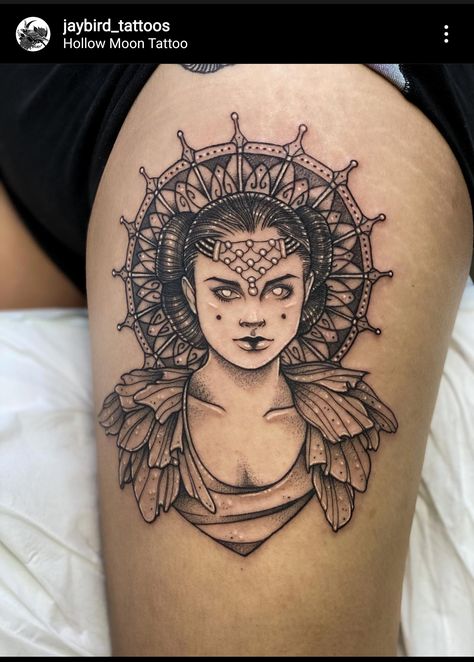 Artist: @jaybird_tattoos Queen Amidala Tattoo, Amidala Tattoo, Hollow Moon, Virgin Mary Tattoo, Mary Tattoo, Queen Amidala, Prison Tattoos, Boone Nc, Jay Bird