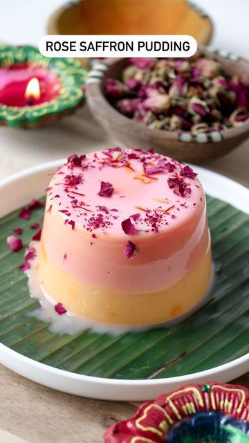 Yakuta Yamani | Alia Bakes on Instagram: "Rose Saffron Pudding! Happy Diwali 🪔🌹

This rose saffron pudding is made with very little ingredients and has no gelatine or agar agar. All you need is milk, sugar, rose syrup, saffron and cornstarch. And ta-da you have your easiest and the most delicious rose saffron pudding.

Ingredients:
Rose Pudding Layer
1 cup milk 
2 Tbsp cornstarch 
3-4 Tbsp rose syrup
Saffron Pudding Layer
1 cup milk 
2 Tbsp cornstarch 
1 large pinch saffron 
3-4 Tbsp sugar 

Rose Layer: In a pot mix in all the ingredients, cook until custard like consistency forms (thick and shiny). Pour the rose pudding layer in a serving glass, refrigerate for 10 minutes. 

Saffron Layer: In a pot mix in all the ingredients, cook until custard like consistency forms (thick and shiny). Rose Pudding, Saffron Syrup, Rose Syrup, Bakery Ideas, Sugar Rose, Agar Agar, Happy Diwali, Corn Starch, The Rose