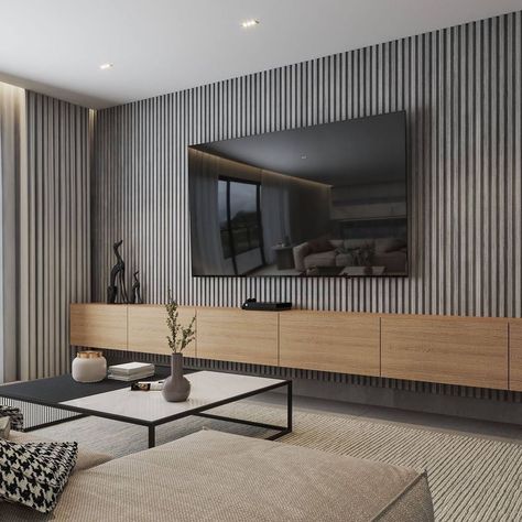 Gray Wood Paneling Wall, Morden Room Designs, Gray Wood Living Room Ideas, Gray Paneling Walls, Slat Wall Panel Ideas, Grey Panelling Living Room, Tv Wood Panel, Gray And Wood Living Room, Grey And Wood Living Room Ideas