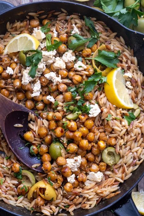 Lemon Pepper Orzo, Wandering Chickpea, Tofu Feta, Orzo Recipe, Crunchy Chickpeas, Vegetarian Mains, Photography Reference, Orzo Recipes, Crispy Chickpeas