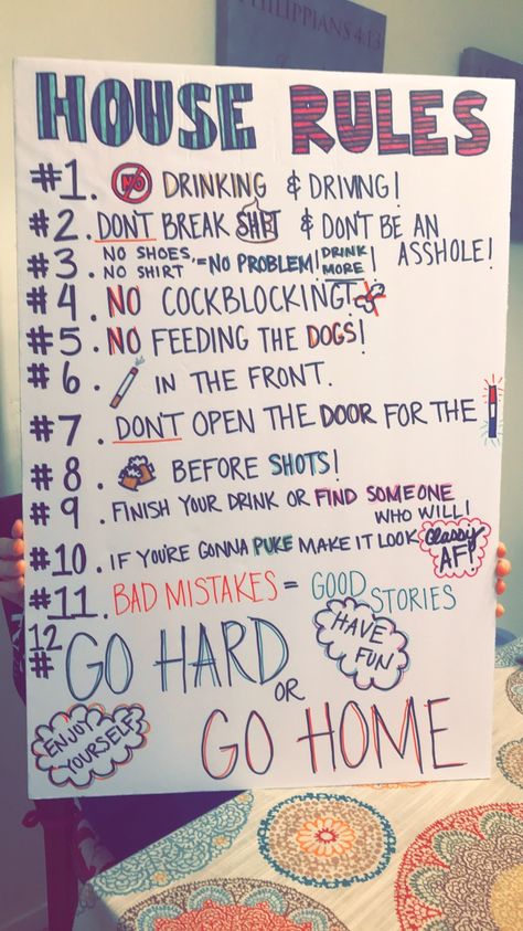 House Party Rules Poster, Party Rules Sign, Halloween House Party Activities, 18th Birthday Party Ideas Airbnb, Party Rules Poster Drinking, How To Throw The Best Party, Drinking Room Ideas, House Party Activities For Adults, Frat Party Games