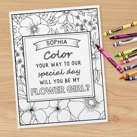 🌸✨ Say hello to the cutest way to pop the question to your little flower girl! 🌸✨ Personalize our ‘Color Your Way to Our Special Day’ coloring page with her name and watch her eyes light up with joy! 🎨👧 Tap the link in our bio to add this adorable, interactive proposal to your wedding plans! 💐 Don’t forget to share your little ones’ masterpieces and tag us! 🖍️💕 @zazzle #WeddingColoringPage #FlowerGirlProposal #PersonalizedWedding #WeddingPlanning #FlowerGirl #ZazzleMade #independentartist Personalized Coloring Book, Flower Girl Outfit, Flower Girl Proposal, Flower Girl Card, Wedding Festivities, Flower Girl Baskets, Bridal Party Proposal, Wedding Flower Girl, Wedding Games