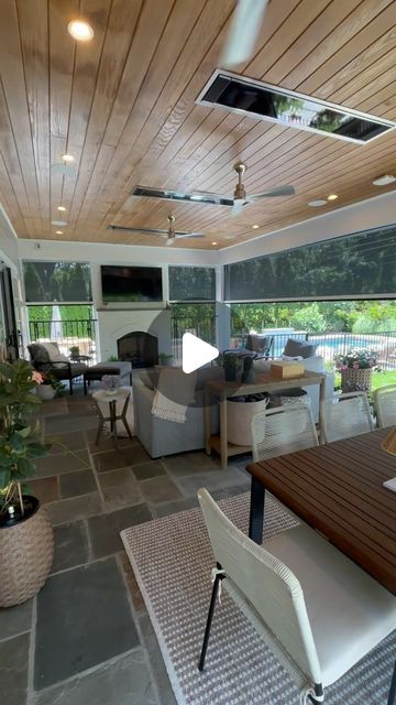 Spruce Construction on Instagram: "This porch got an awesome revamp just in time for summer! Drop-down @phantom_screens, flush @bromic_heating heaters, a fireplace and gorgeous wood ceiling make this the ultimate year-round hang out spot for one of our favorite families (and repeat clients!)🌲  Video by @tayalas  Architect: @carbonaro.architecture  Design: @jtwdesignllc  🔨: @spruce_rva" Outdoor Patio Heater Ideas, Screened Porch Fireplace, Camper House, Patio Ceiling Ideas, Screened In Back Porch Ideas, Hang Out Spot, Patio Paradise, Phantom Screens, Indoor Porch