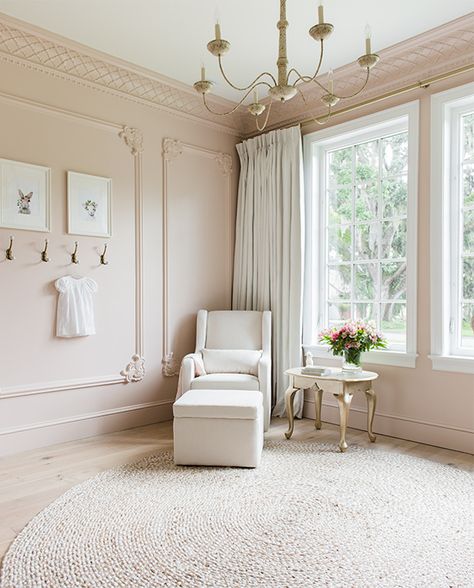 Champagne Paint Color Bedrooms, Pink Cream Tan Bedroom, Light Blush Wall Color, Champagne Pink Wall Color, Boutique Paint Color Ideas, Pink Walls And Trim, Neutral Pink Nursery Paint, Pink Crown Molding Wall, Soft Pink Nursery Paint