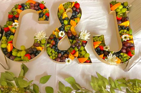 Mrs Fruit Tray, Fruit In Letters, Letter Fruit Charcuterie Board, Initial Fruit Display, Fruit Bar At Wedding, Fruit Bar For Wedding, Fruit In Letter Tray, Fruit Letter Tray, One Fruit Letters