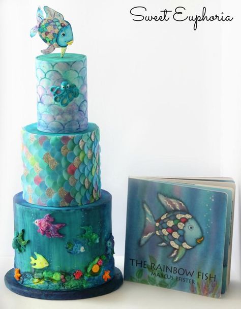 Cuties Children's Book Collaboration: The Rainbow Fish - Cake by Sweet Euphoria NY Rainbow Fish Cake, Two Tier Cakes, Cakes 2 Tier, Buttercream Painting, Sweater Cake, Rainbow Buttercream, 2 Tier Wedding Cake, The Rainbow Fish, Textured Buttercream