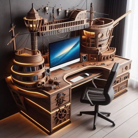 Pirate Ship Shaped Working Desk Steel And Wood Furniture, Sea Bedrooms, Office And Studio, Nautical Curtains, Nerd Decor, Nautical Furniture, Boat Theme, Pirate Room, Design Desks