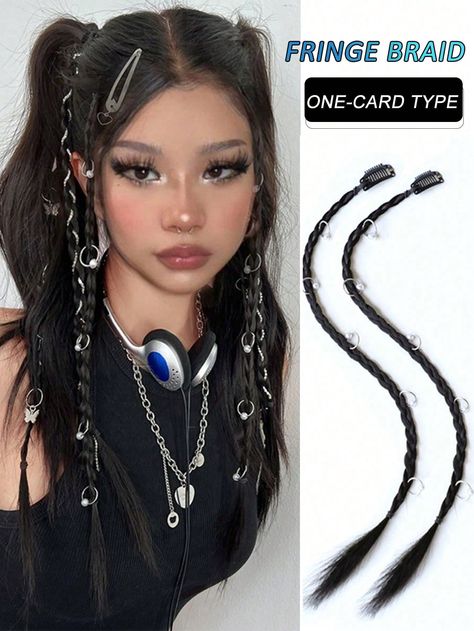 Natural Black  Collar  High Temperature Fiber  Hair Braids Embellished   Wigs & Accs Creative Halloween Hairstyles, Braids With Hair Clips, Sara Landry, Braided Updo For Short Hair, Rave Hairstyles, Enhypen Concert, Elf Hair, Bantu Knot Hairstyles, Rave Hair