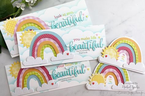 Making the Cut: Die Cut Rainbows Five Cards - Simon Says Stamp Blog Nichol Spohr, Rainbow Cards, Making The Cut, Simon Says Stamp Blog, Tim Holtz Distress Ink, Rainbow Card, Shaped Cards, Stamp Making, Simon Says Stamp