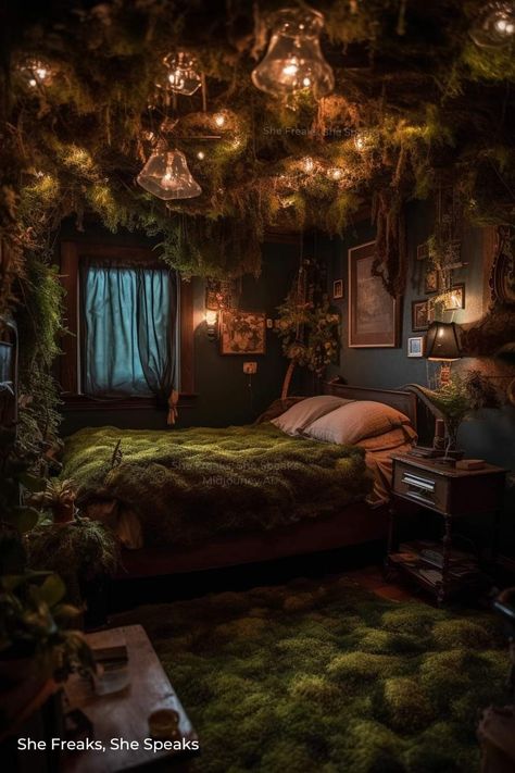 Dark Fairy Decor, Mushroomcore Bedroom, Lotr Bedroom, Dark Cottagecore Room, Moss Bedroom, Rainforest Room, Forest Themed Bedroom, Korean Bedroom, Dark Cozy Bedroom