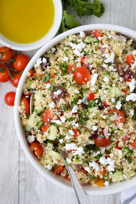 Mediterranean Couscous Salad - Stephanie Kay | Nutritionist  Speaker Mediterranean Couscous Salad, Making Couscous, Couscous Salad Recipes, Mediterranean Couscous, Make Ahead Salads, Feta Salat, Couscous Salat, Couscous Recipes, Couscous Salad