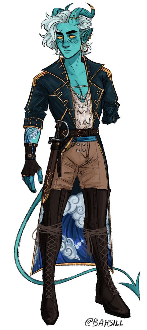 Sailor Outfit Drawing Reference, Tiefling Sailor, Dnd Triton Character Design, Navy Character Design, Tiefling Outfit, D&d Food Ideas, Draconic Sorcerer Dnd, Spelljammer Characters, Male Pirate Oc