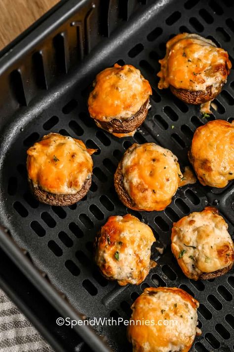 Air Fryer Stuffed Mushrooms are the perfect appetizer to serve with wine or cocktails. Homemade fancy keto snacks like these are absolutely irresistible. #spendwithpennies #airfryerstuffedmushrooms #recipe #appetizer #keto #lowcarb #cheese #oven #portobello #easy Thanksgiving Appetizers Air Fryer, Appetizers Air Fryer, Air Fryer Stuffed Mushrooms, Elegant Appetizers, Bite Size Appetizers, How To Cook Mushrooms, Cheesy Bacon, Dried Mushrooms, Stuffed Mushroom Caps