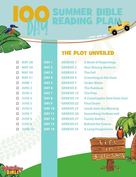 Summer Bible Reading Plan For Kids, Summer Bible Reading Plan, Bible Reading Plan For Kids, Plan 2023, Genesis 19, Genesis 28, Adventure Bible, Genesis 2, Genesis 1