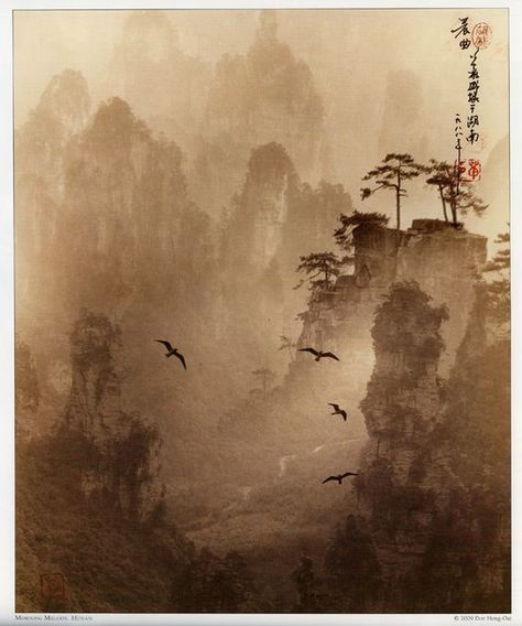 Don Hong-Oai's mystical and delicately toned sepia landscapes using the Chinese ''pictorial'' style of layering several negatives to compose a scene. Sepia Painting, Sepia Drawing, Sepia Landscape, Sepia Art, Zen Painting, Asian Landscape, Chinese Artwork, Art Chinois, Chinese Landscape Painting