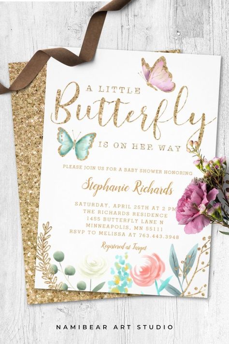 Butterfly Garden Party for Girls Garden Baby Shower Theme Girl, Butterfly Garden Baby Shower Theme, Garden Baby Shower Theme, Butterfly Baby Shower Theme, Girl Shower Themes, Butterfly Baby Shower Invitations, Baby Girl Shower Invitations, Gold Baby Shower