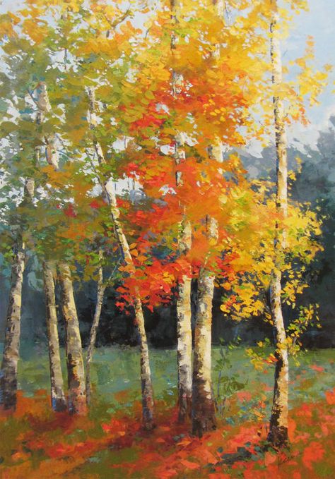 Fall Birch Trees Northern Michigan art print – Lake Effect Gallery Yellow Nature Painting, Green And Orange Painting, Fall Forest Painting, Orange Paintings, 자작나무 그림, Forest Paintings, Birch Trees Painting, Birch Trees Landscaping, Fall Tree Painting