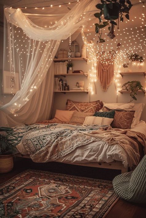 Dreamy Lighting, Room Moodboard, Bedrooms For Couples, Dream Bedroom Inspiration, Boho Style Bedroom, Bedroom Decor Cozy, Small Bedroom Decor, Cozy Room Decor, Dreamy Bedrooms