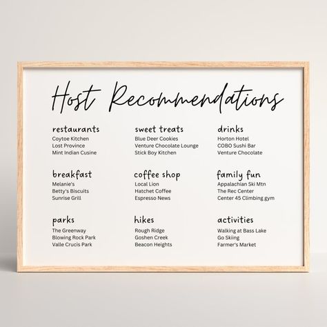 Host Recommendations for Airbnb Guests, Local Recommendations Template, Editable Template, Host Suggestions, Local Guide Sign, VRBO Host - Etsy Airbnb Host Binder, Airbnb Local Recommendations, Funny Airbnb Signs, Vintage Airbnb Decor, Airbnb Notes For Guests, Airbnb Special Touches, Owning A Vacation Rental Property, Cute Air Bnb Ideas, Airbnb Instagram Wall