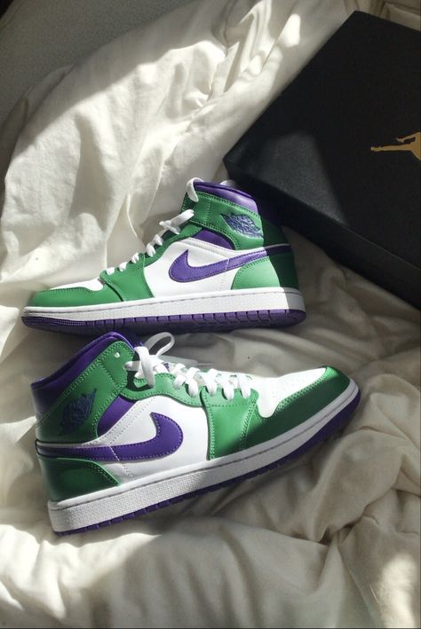 Green, purple, white Jordan 1 Purple And Green Shoes, Lime Green Jordans, Jordan 1 Green, Green Jordans, Af1 Shoes, Nike Shoes Girls, Jordan Shoes Girls, All Nike Shoes, Green Sneakers