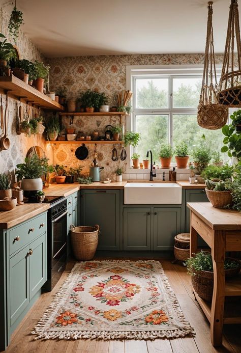 27 Stunning Boho Kitchen Designs That Will Inspire You 32 Unique Kitchen Ideas Boho, Kitchen Garden Decor, Cottage Kitchen Natural Wood Cabinets, Hobo Kitchen Ideas, Natural House Design Interior, Cute Boho Kitchen, Kitchen Design Types, Small Colorful Kitchen Ideas, Boho Makeover Home Decor