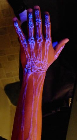 Black light reactive • glow in the dark skeleton Dark Costumes, Radium Girls, Glow Halloween, Uv Tattoo, Skeleton Makeup, Skeleton Costume, Birthday Fits, Skull Makeup, Stage Makeup