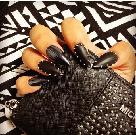 Matte Black Nails With Black Rhinestones, Rock Theme Nails, Black Stud Nails, Black Spiky Nails, Black Nail Designs With Jewels, Black Nails With Studs, Rock Show Nails, Rockville Nails, Studded Nails Rhinestones