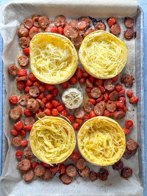 Spinach Artichoke Spaghetti Squash, Spaghetti Squash And Eggs, Peas And Crayons Spaghetti Squash, Spaghetti Squash Nests, Spaghetti Squash With Artichokes And Spinach, Spinach & Artichoke Spaghetti Squash Nests, Italian Chicken Sausage, Cheese Spaghetti, Italian Chicken