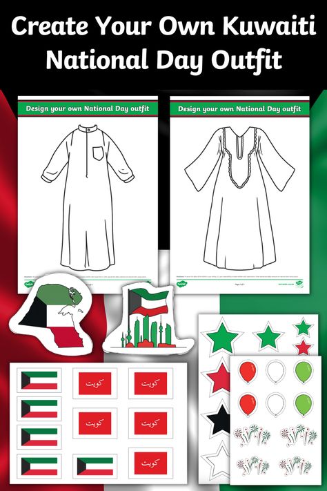 Elevate your classroom Kuwait National Day celebration with our "Create Your Own Kuwaiti National Day Outfit" educational resource! This engaging activity encourages students to immerse themselves in Kuwait's rich cultural heritage by designing their own traditional outfits. Foster creativity as children can use coloring pencils, markers, and crayons to bring their designs to life on the provided clothing templates. Kuwait Culture, Kuwait National Day, Student Crafts, Clothing Templates, Coloring Pencils, World Thinking Day, Personalized Learning, National Day, Student Engagement