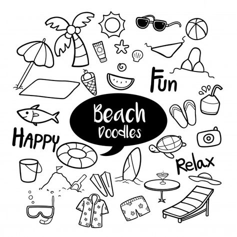 Set of beach objects in hand drawn doodles Premium Vector Beach Doodle Art, Pool Doodle Drawings, Beach Doodles Easy, Beach Doodle, Beach Doodles, Beach Objects, Summer Doodles, Beach Huts Art, Calendar Doodles