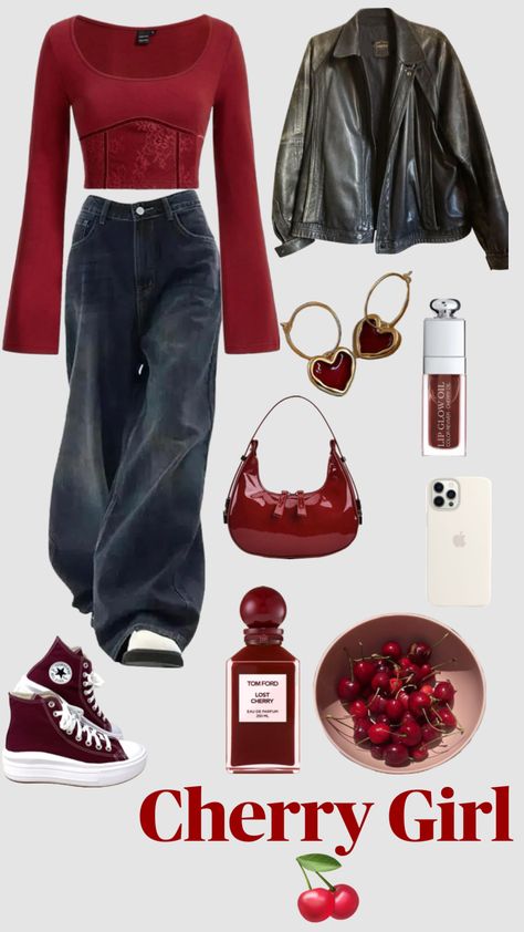 Cherry Inspired Outfit, Outfit Ideas Grunge, Cherry Girl, Red And Black Outfits, Academia Clothes, Outfit Layout, Vibe Clothes, Mein Style, Red Outfit