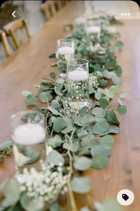 Simple Eucalyptus Centerpiece Wedding Table Decor, Candles And Eucalyptus Centerpiece, Wedding Decorations With Eucalyptus, Eucalyptus And Candles Wedding, Wedding Table Garland With Candles, Wooden Table Decorations Wedding, Eucaliptus Decoration Table, Super Simple Wedding Decor, Simple Rustic Wedding Decorations Table