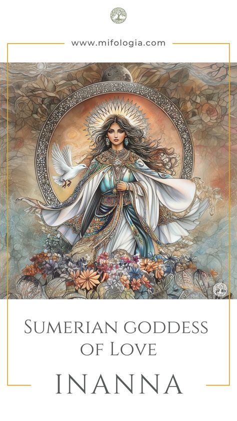 Discover the enchanting world of Inanna, the Sumerian Goddess of Love and Fertility, draped in a flowing cape with a radiant eight-pointed star above. Surrounded by blooming flowers and the gentle presence of a dove, she embodies the mysteries of life and rebirth.  🌌💖     #Inanna #GoddessOfLove #FertilityGoddess #SumerianMysteries #MythologyMagic #CelestialQueen #SacredDove #BloomingLegends #EightPointedStar #MythicalStories #Mifologia #DivineFeminine #AncientWisdom Inanna Goddess, Goddess Oshun, Sumerian Goddess, Ancient Sumer, Goddess Quotes, Eight Pointed Star, Ancient Gods, World Mythology, Divine Goddess