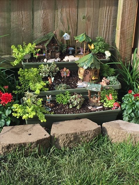 My fairy garden! Garden Rockery, Fairy Herb Garden, Fairy Garden Box, Backyard Improvements, Retro Fairy, Fairy Garden Pots, Smurf Village, Village Ideas, Garden Goals