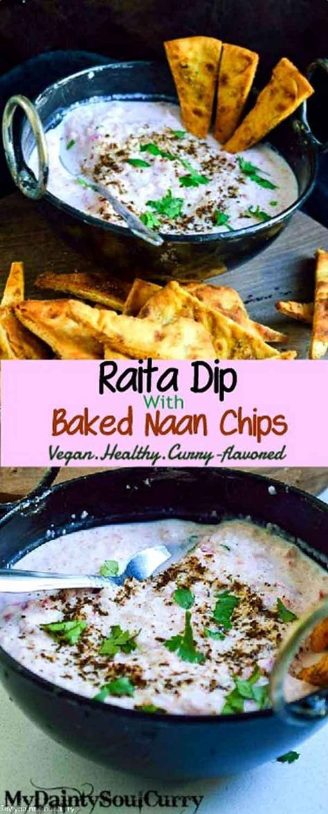 Radish raita dip with curry flavored naan chips Naan Chips, Dip And Chips, Meatball Appetizer Recipe, Chips Dip, Best Healthy Dinner Recipes, Dinner Favorites, Vegan Keto Recipes, Fancy Dinner Recipes, Healthy Appetizer Recipes