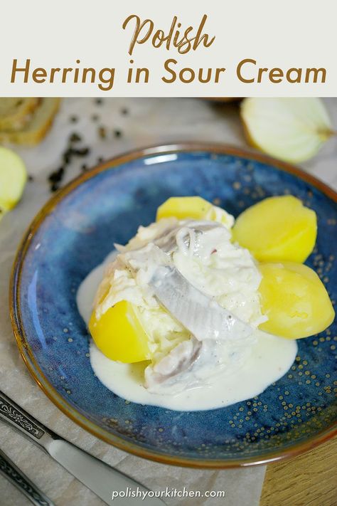 Herring in sour cream (Śledź w śmietanie) plays on our senses by combining salty and sweet, cold and hot. Creamed Herring Recipe, Herring Recipe, Herring Recipes, Pickled Herring, Our Senses, Sour Cream Recipes, Eat A Lot, Cold And Hot, Polish Recipes