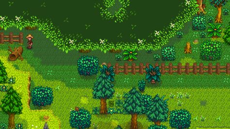 Entrance to the Secret Woods. Hardwood grows here daily Stardew Valley Secret Woods, Fishing Stardew Valley, Stardew Valley Farms, Fiddlehead Ferns, Secret Notes, Secret Forest, Unusual Words, Small Ponds, Tree Seeds