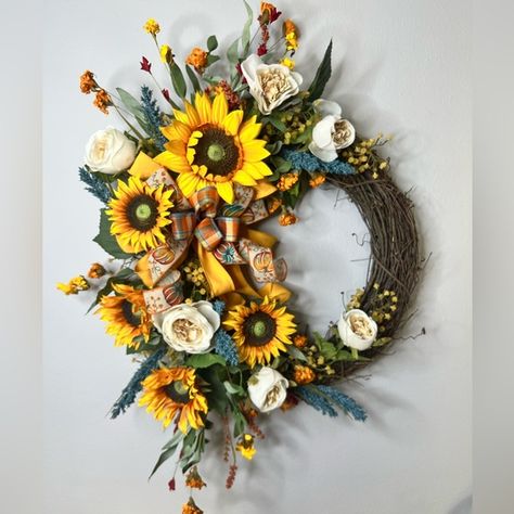 Fall sunflower wreath for front door, Fall wreath with bow, Farmhouse wreath Wreath With Bow, Fall Front Door, Sunflower Wreath, Sunflower Wreaths, Wreath For Front Door, Farmhouse Wreath, Orange Gold, How To Make Bows, Wreaths For Front Door