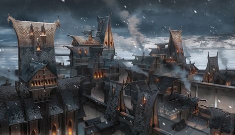 Winter city, Olga Orlova on ArtStation at https://www.artstation.com/artwork/LzWrv Nordic Architecture, Scene Drawing, Winter City, Fiction Idea, Story Setting, Fantasy City, Fantasy Places, D&d Dungeons And Dragons, Fantasy Concept Art