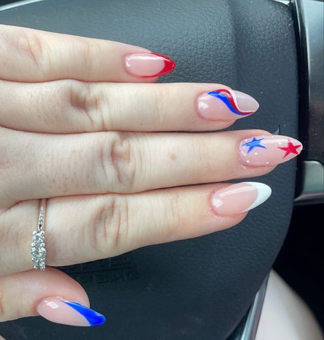 fourth of july nails / independence day nails / happy 4th / dip powder overlay with design / embellished by mariam salon in winter park, florida / 4th of july / holiday nails / acrylic gel manicure / nail design / stars and stripes / red white and blue nails / USA / united states of america Nail Inspo 4th Of July Simple, Forth Of July Nails Coffin, 4th Of July Nail Designs Square, Fourth Of July Aura Nails, 4th Pf July Nail Ideas, 4of July Nails Simple, 4h Of July Nails, Memorial Day Nails Almond, Team Usa Nails