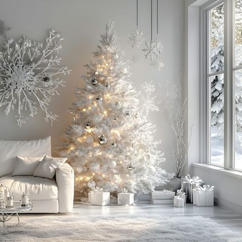 Snowy Christmas Tree Decorations, Christmas Tree With White Lights, Silver Christmas Trees, White And Silver Christmas, Snowy Christmas Tree, Snowy Christmas, Silver Christmas Tree, Xmas Trees, White Lights