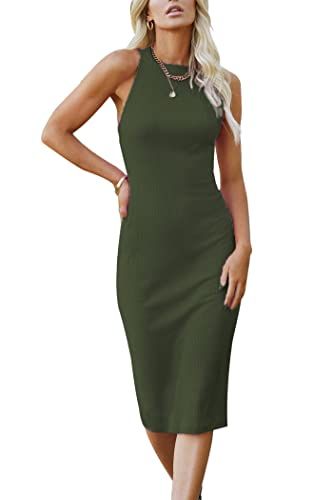 PRETTYGARDEN Women's Basic Bodycon Midi Dress Crewneck Sleeveless Casual Summer Tank Top Dresses Summer Tank Dress, Bodycon Tank Dress, Sleeveless Mock Neck, Ribbed Tank Dress, Summer Tank Top, Work Dresses For Women, Sleeveless Bodycon Dress, Bodycon Midi Dress, Ruched Bodycon Dress