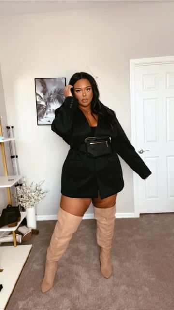 NICOLE SIMONE on Instagram: "Oversized blazer + Fanny pack + boots 🤎 • • Blazer: @weareivypark Boots; @fashiontofigure Fanny pack: @amazonfashion" Plus Size Thigh High Boots Outfit, Shorts And Thigh High Boots, Elevate Style, Thigh High Boots Outfit, High Boots Outfit, Ootd Ideas, Fall Clothing, Michelle Williams, Curvy Girl Fashion