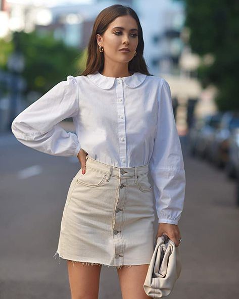 The Drop Women's White Peter Pan Collar Button Down Shirt by @paolaalberdi, S : Amazon.ca: Clothing, Shoes & Accessories Collared Shirt Outfits, Perfect White Blouse, Peter Pan Collar Shirt, Lantern Sleeve Top, White Shirt Blouse, Fashion Tape, White Button Down Shirt, The Drop, Lantern Sleeve