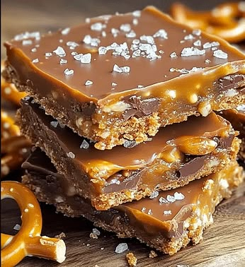 Caramel Pretzel Crack Bars Recipe | Easy No-Bake Dessert Idea Caramel Chocolate Bars Recipe, Butterscotch Pretzel Bars, Chocolate Caramel Crunch Bars, No Bake Pretzel Cookies, Carmel Desserts Bars, Recipe With Caramel Bits, Chocolate Caramel Pretzel Cookies, Club Cracker Bars, Kraft Caramel Squares Recipes