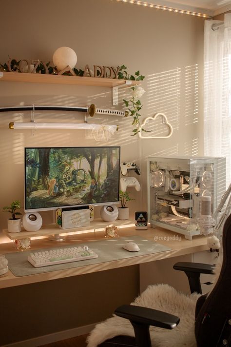 Green Desk Setup Aesthetic, Japandi Gaming Room, Cozy Gaming Setup Aesthetic, Office Desk Aesthetic, Gaming Setup Aesthetic, Furniture For Office, Office Ergonomics, Cozy Setup, Pc Room