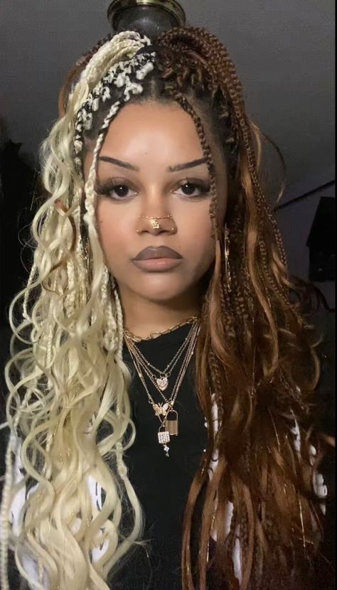 2 Different Color Braids, Boho Braids Color Black Women, Half Blonde Half Brown Box Braids, Split Dyed Hair Braids, Split Braids Hairstyles, Braids Money Piece, Alternative Box Braids Hairstyles, Alternative Braids Hairstyles, Braids Half Color