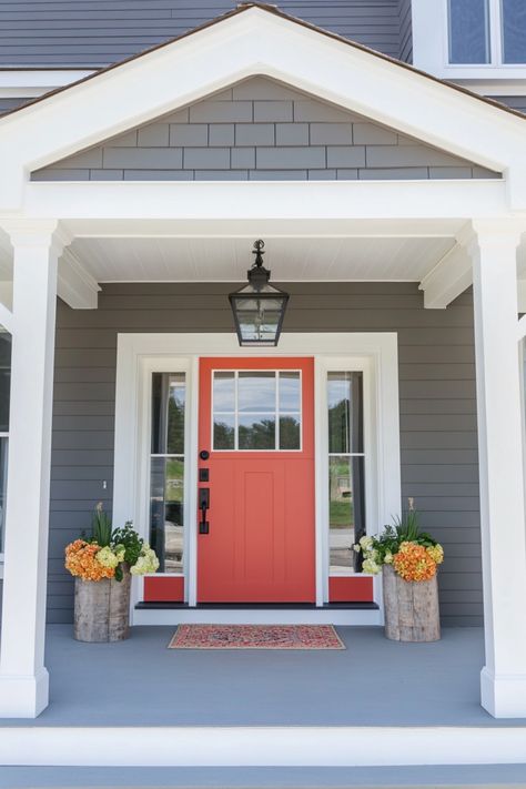 Red front door of a gray house with white trim, flanked by flower-filled barrels and covered by a small porch. Shutter And Door Colors For White House, Front Door Colors With Cedar Siding, Front Door Colors With Brown Siding, Front Door Paint Colors For Gray House, Front Door And Shutter Colors, Grey House Door Color Ideas, Statement Front Door, Gray Houses, Coral Front Doors