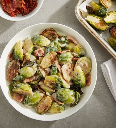 CREAMY BRUSSELS WITH BACON - Campbells Food Service Brussels With Bacon, Blanching Brussel Sprouts, Creamy Brussel Sprouts, Creamy Brussels Sprouts, Condensed Cream Of Mushroom Soup, Crispy Brussel Sprouts, Brussels Sprouts With Bacon, Bacon Brussel Sprouts, Sausage Casserole