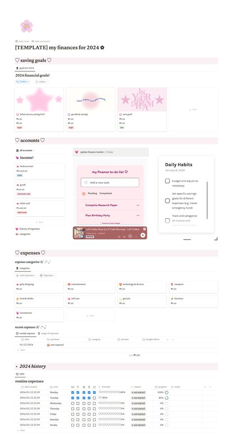 notion template ideas Pink Notion Template, Notion Tracker, Pink Notion, Trip Planning Template, Study Planner Free, Life Planner Organization, Etsy Planner, Diary Template, Money Planner